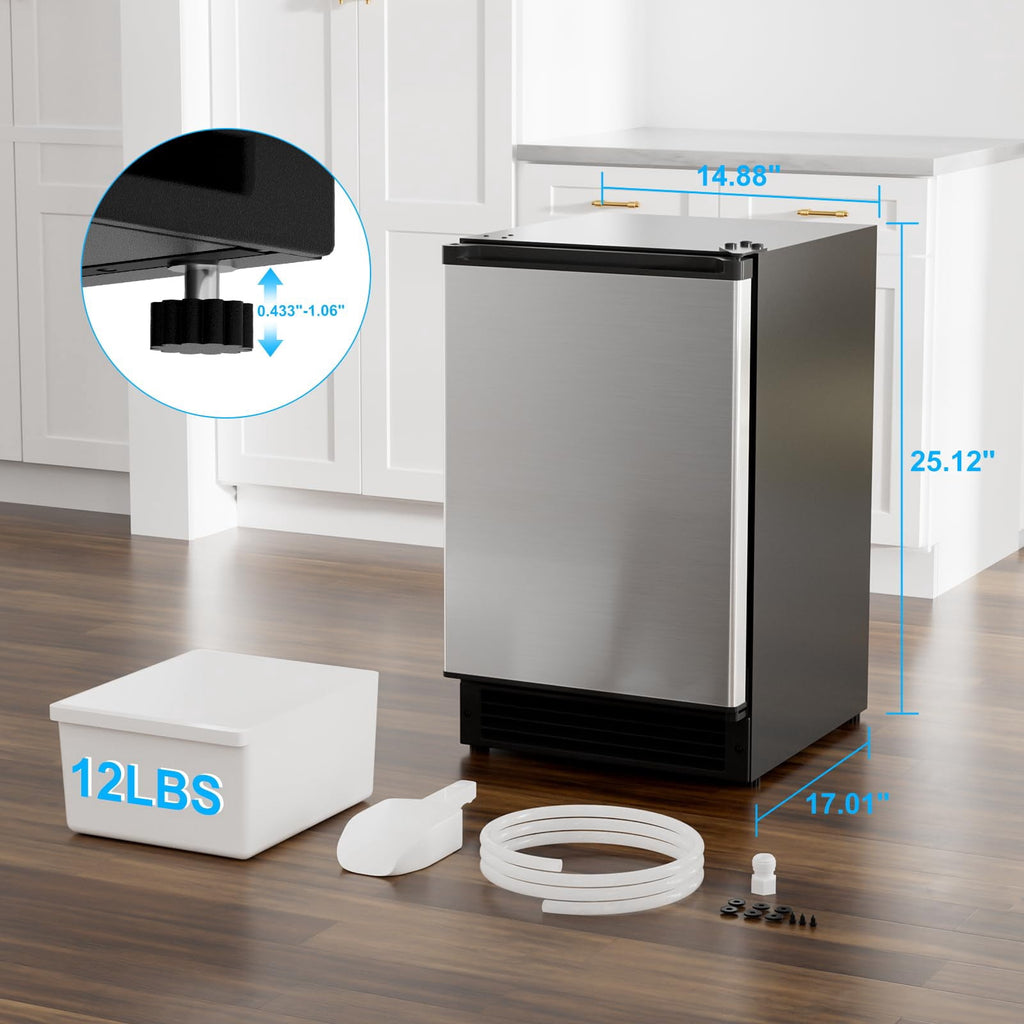 RIOXC 15" W Under Counter Ice Maker No Drain Required Stainless Steel Freestanding & Built-in Crescent Ice Machine, 12LBS Storage for RV, Marine & Home, ETL