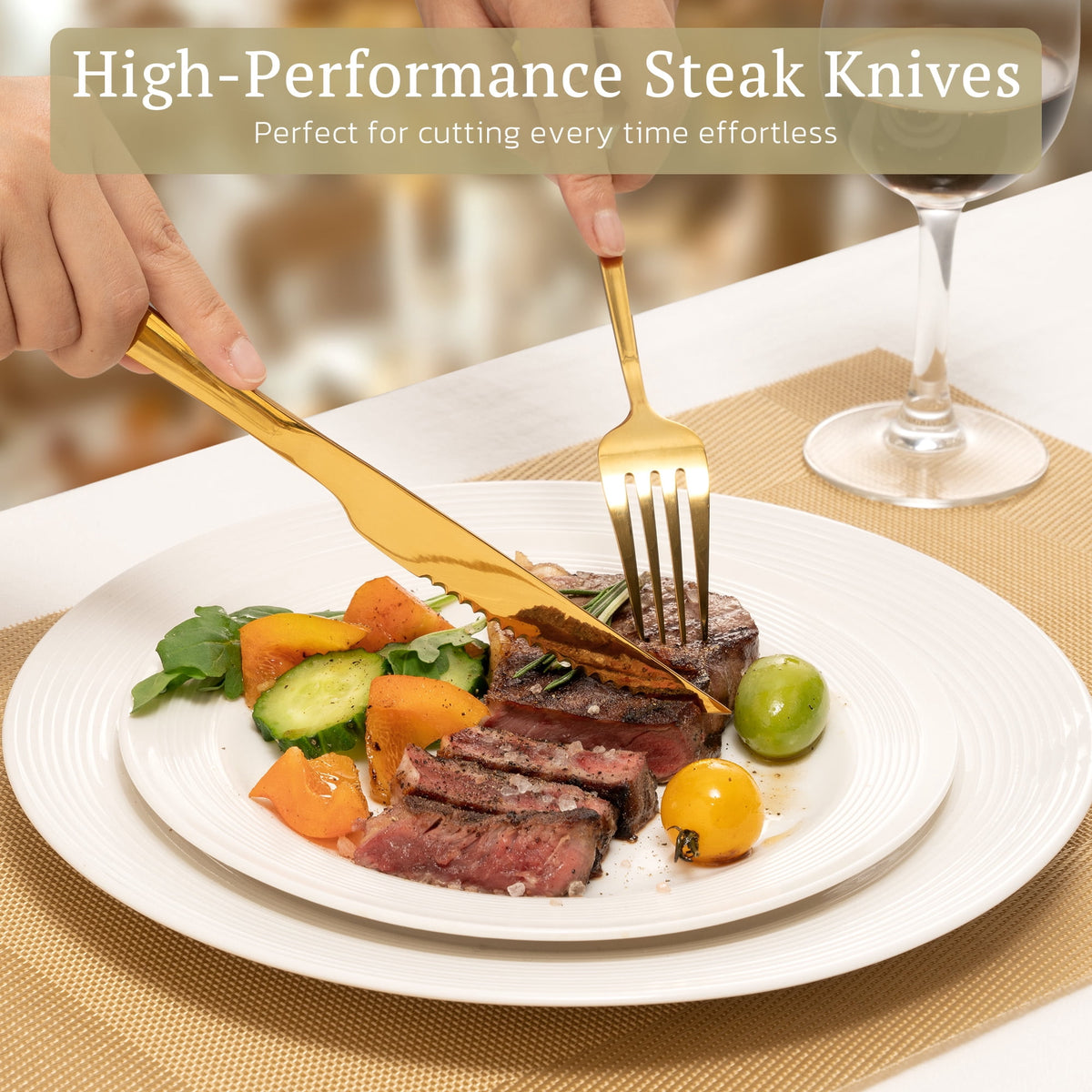 Astercook 25-Pieces Gold Silverware Set with Steak Knives for 4 - Great Food-Grade Stainless Steel Flatware Set, Mirror-polished Cutlery Utensil Sets, Ideal for Home Restaurant & Banquet Use, Gold
