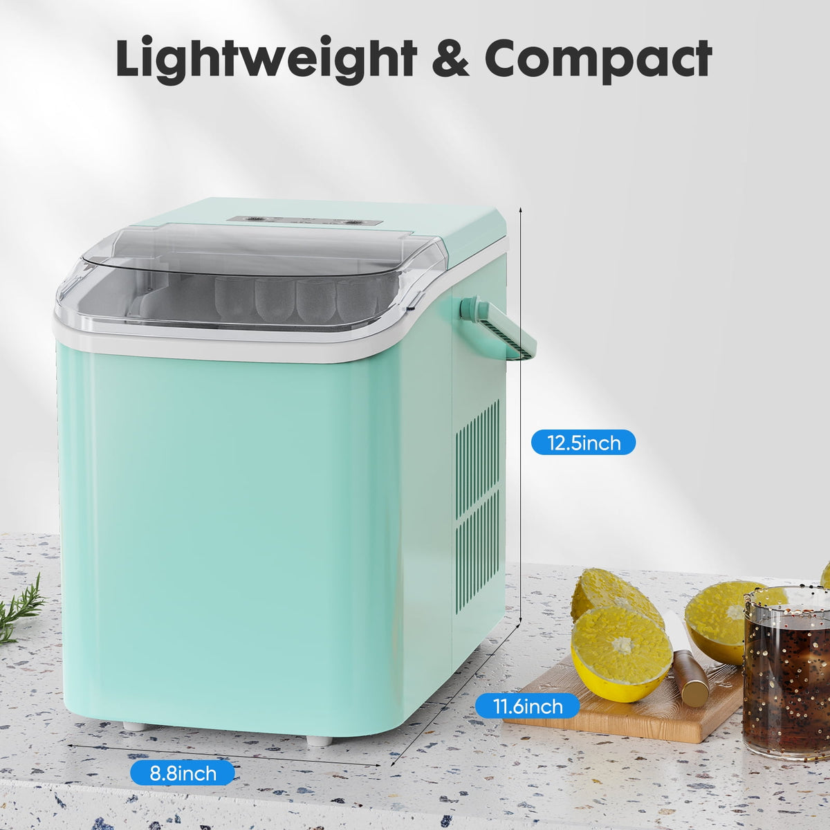 EDX Countertop Ice Maker, Self-Cleaning Portable Ice Maker Machine with Handle and Ice Scoop, Bullet Ice Cubes, 9Pcs/6Min 26.5Lbs/24H for Home/Kitchen/Bar/Party, Green