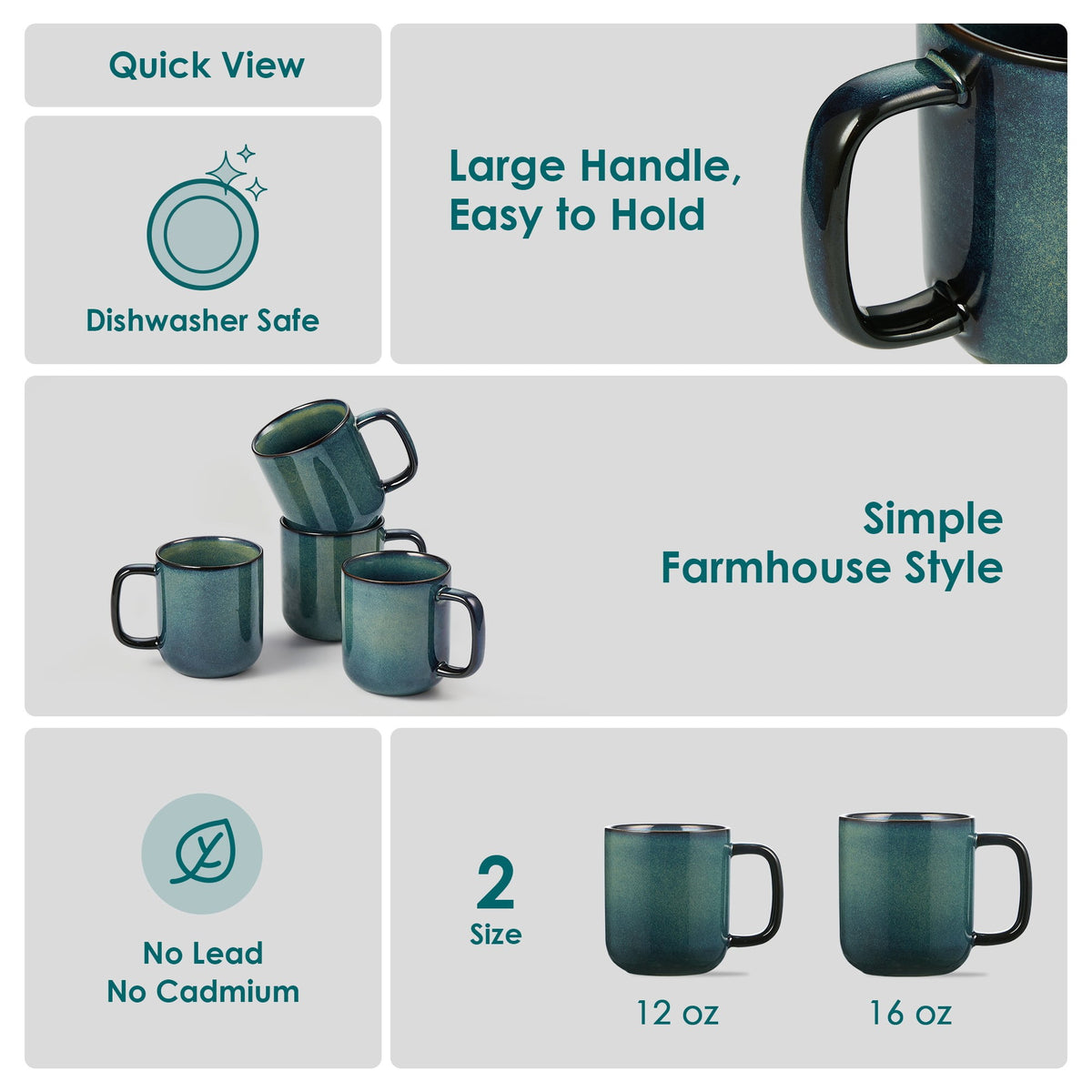 Malacasa Stoneware Coffee Mugs Set, 12 oz Coffee Cups Set of 4, Dishwasher & Microwave Safe, Green