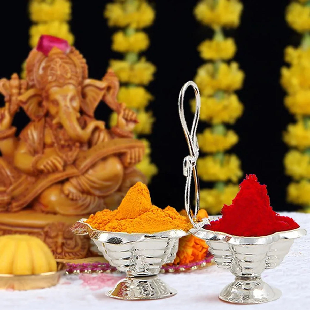 Shubhkart Pack of 3 Silver Plated Haldi Kumkum Holder Stand Set for Puja, Home, Office Décor, Diwali Gift, Festive Gift