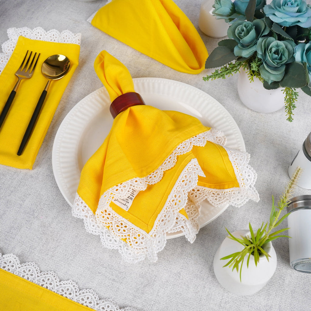 Fingercraft Cloth Napkin, Soft Quality Cotton Linen Blend Fabric, Dinner Napkins with Premium White Lace, 6 Pack, 20”x20” Aqua