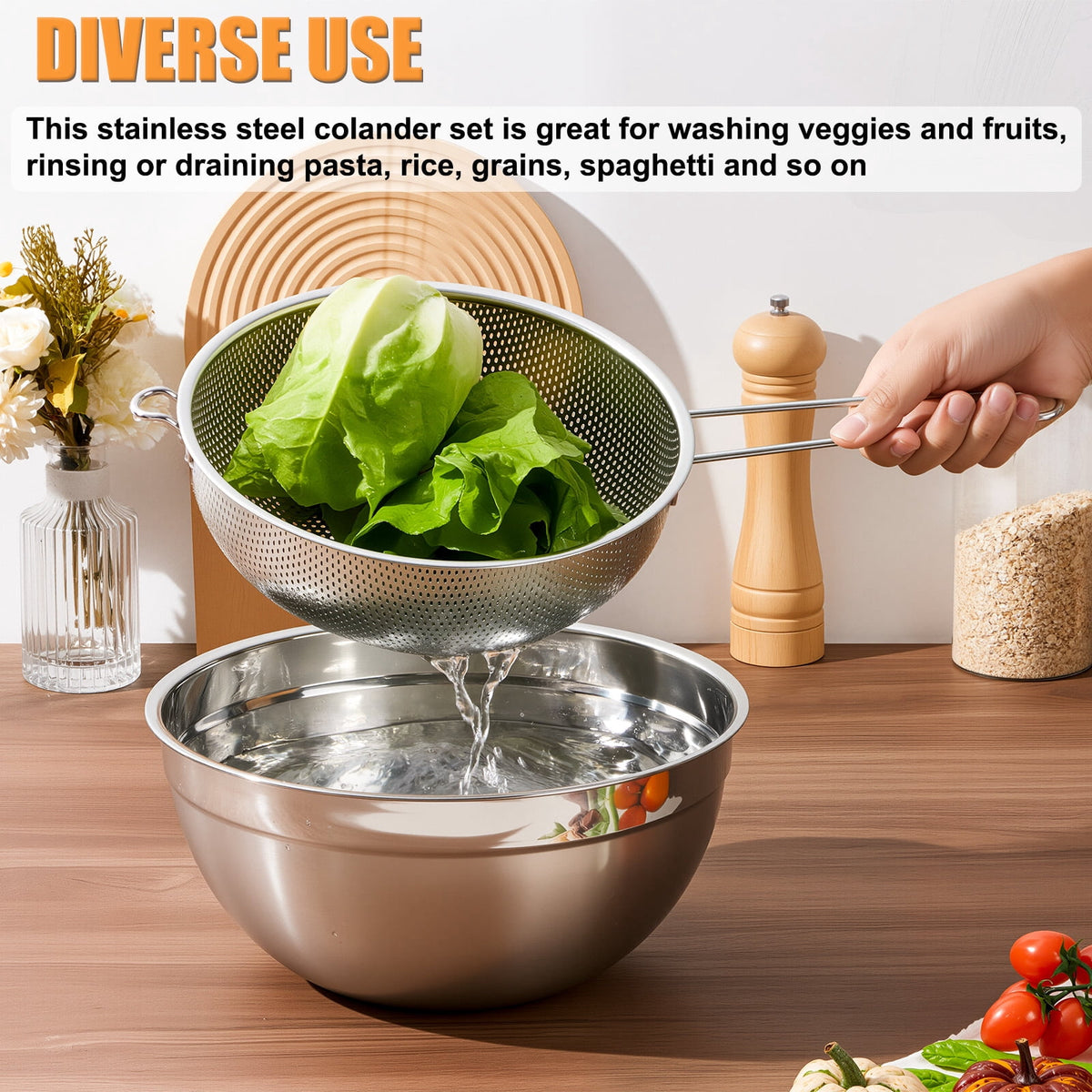 VeSteel Colander Set of 3, Stainless Steel Micro-Perforated Colanders Strainers for Draining Rinsing Washing, Ideal for Pasta Vegetables Fruits, Heavy Duty & Dishwasher Safe - 1/3/5 Quart