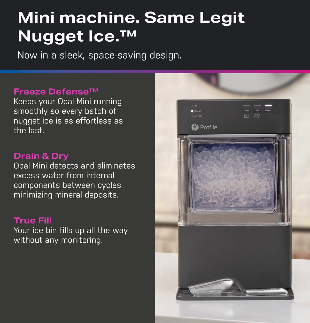 GE Profile Opal Mini Nugget Countertop Ice Maker with Descaler, 36lb Daily Capacity, with WIFI - Charcoal Gray