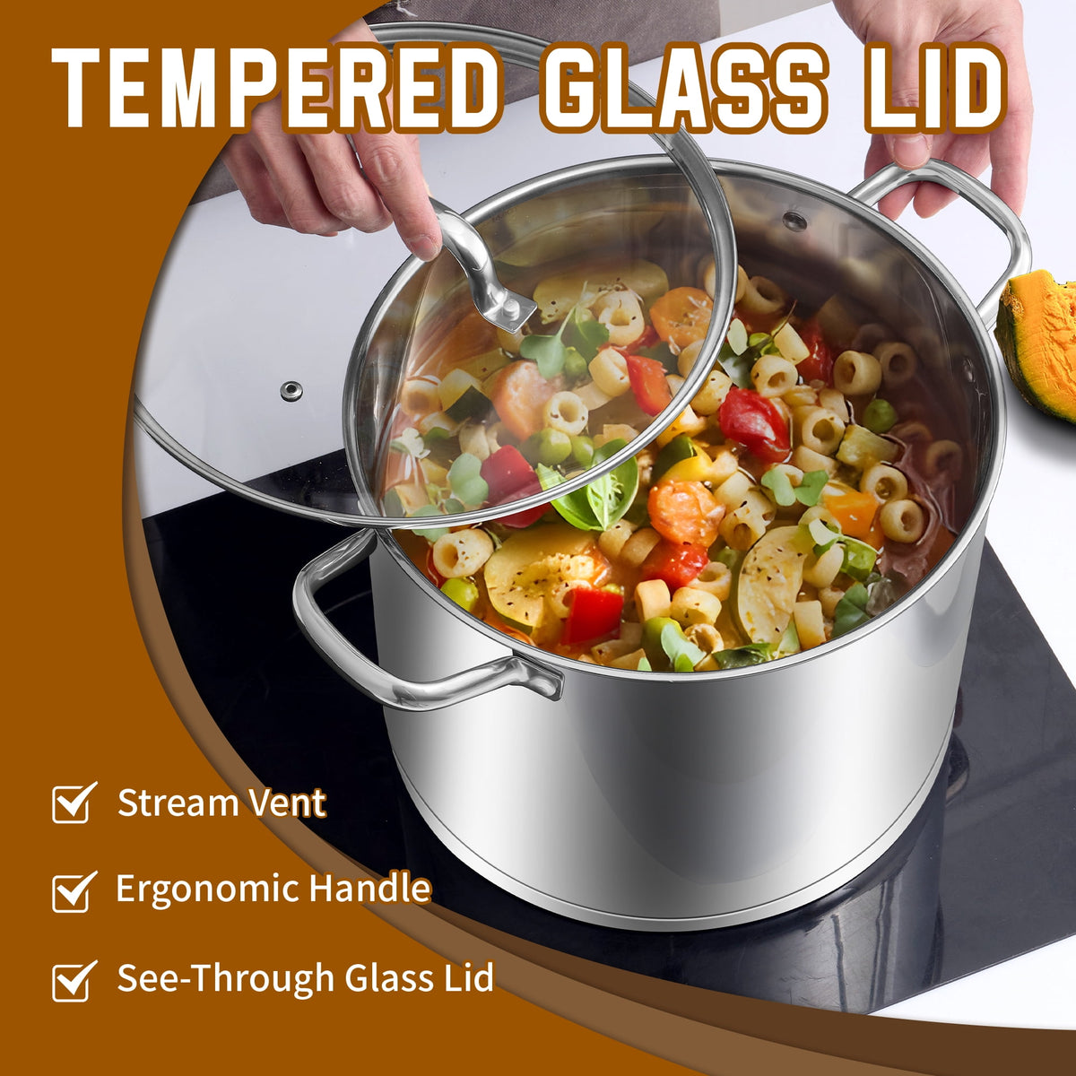 Coliware Large Stock Pot, 12 QT Trip-Ply Bottom Stainless Steel Cooking Pot with Tempered Glass Lid, Soup Pasta Cookware Compatible with Gas Induction Electric Stoves, Ollas de Cocina