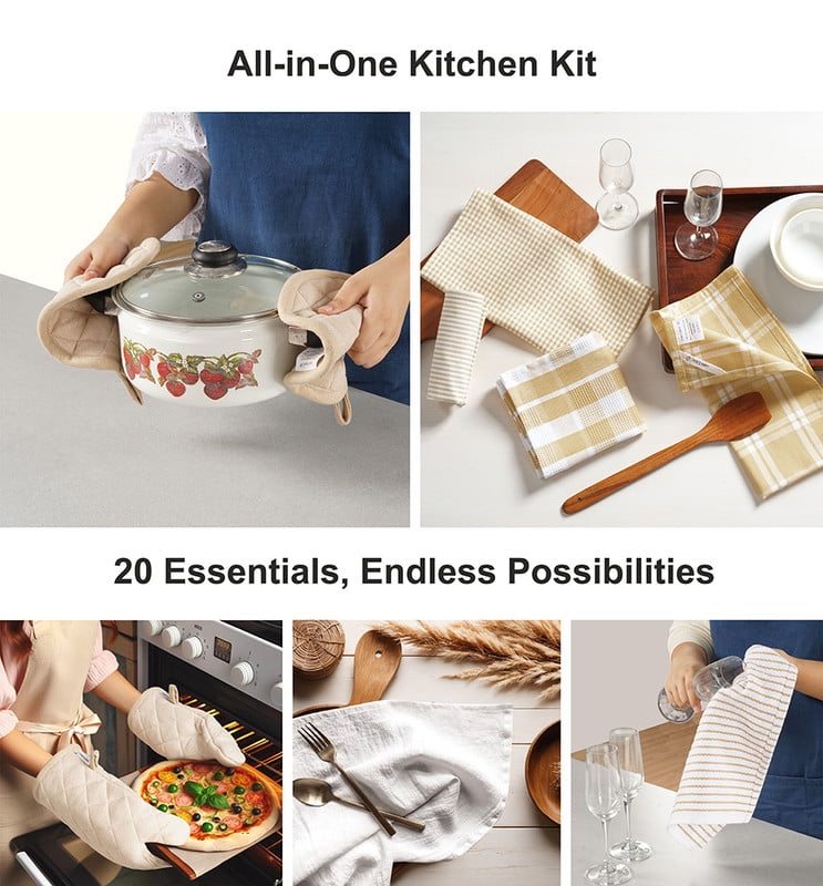 20 Piece Kitchen Towel Set - Cotton Dish Towels, Heat Resistant Kitchen Mittens and Pot Holder Set, Apron for Women with Pockets , Absorbent Dish Towels for Kitchen Drying - Olive