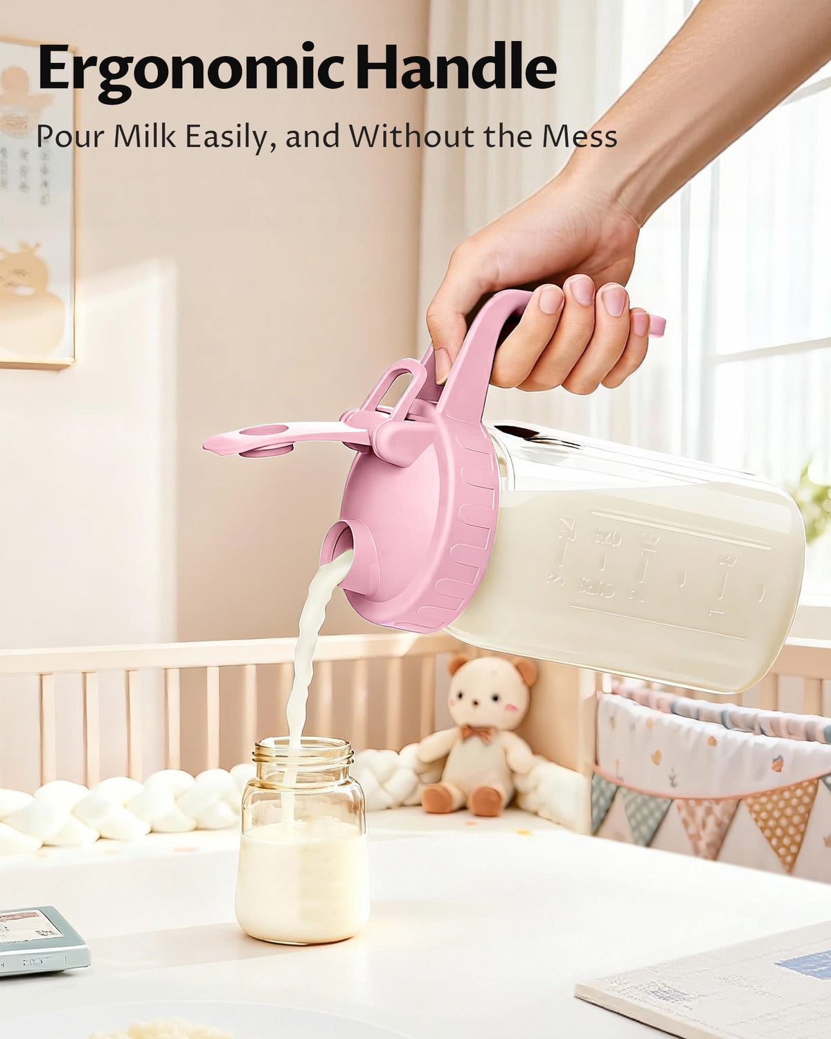 Breast Milk Pitcher 32oz Mason Jar with Wide Mouth and Handle-Pink Glass Pitcher with Flip Cap Lid and Pour Spout Airtight Seal for Cold Beverages