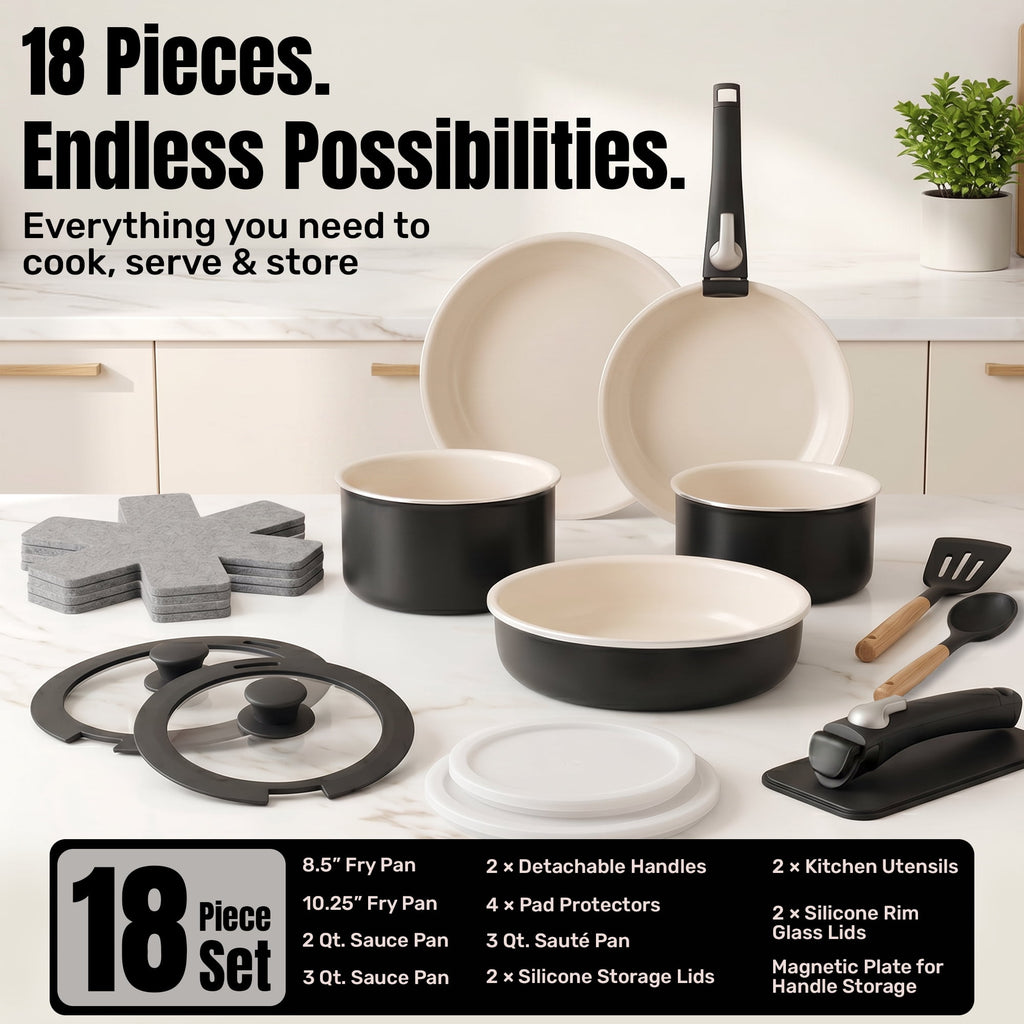 Gotham Steel 18 Pcs Pots and Pans set Non Stick, Ceramic Pan Cookware Set W/ Detachable Handle, RV Kitchen Cooking Set with Secure Lock Removable Handles, Oven Safe Nonstick Pan Set, Blue
