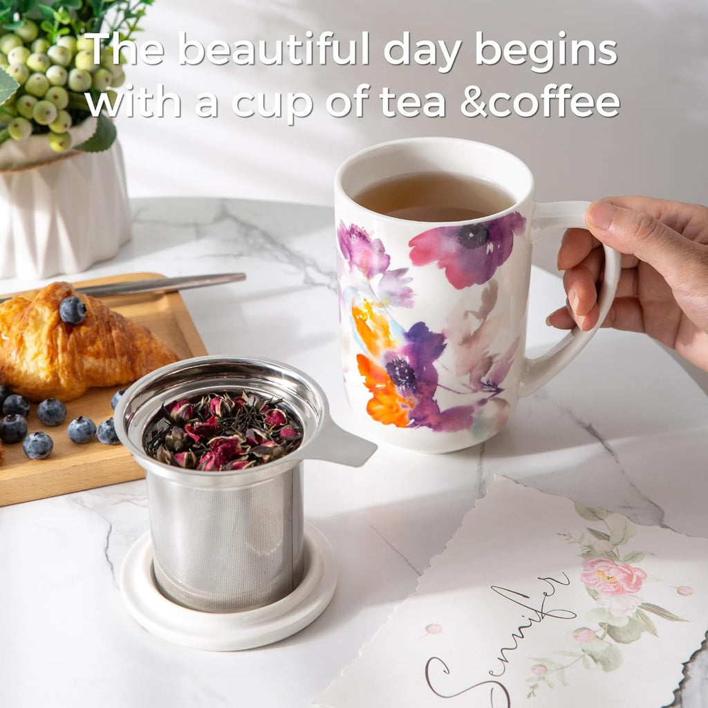 AmorArc Porcelain Tea Mug with Infuser and Lids, 18 Oz Cup Strainer Bag Holder for Loose Leaf Tea, Steeping Coffee Well-wrapped Box House-warming Wedding Birthday Gift, YelloRed