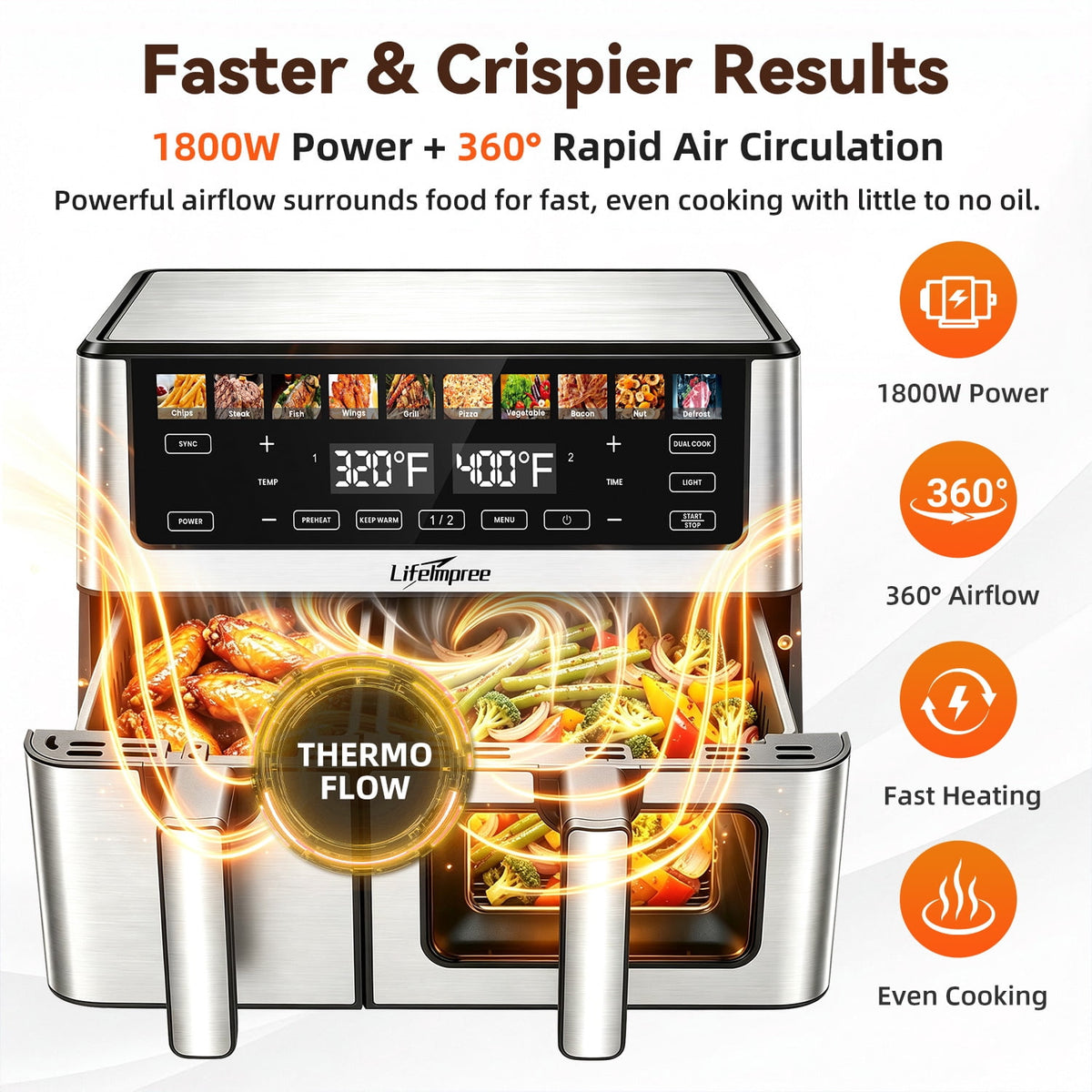 LifeImpree 11 QT Dual Basket Air Fryer with Viewing Window, 1800W Digital Air Fryer, Sync Finish & Dual Cook, 12 One-Touch Presets, 100°F–400°F