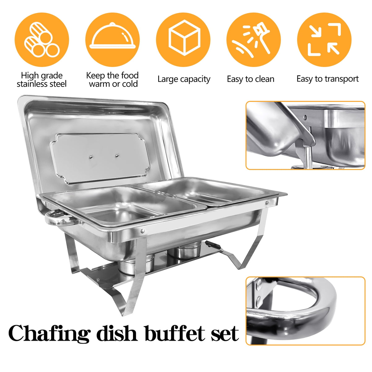 Jacgood Chafing Dish Buffet Set 4 Pack 8QT Full Pan Stainless Steel Food Warmer Chafer Complete Set with Water Pan, Chafing Fuel Holder for Home Party, Buffets, Wedding, Banquet, Catering Events