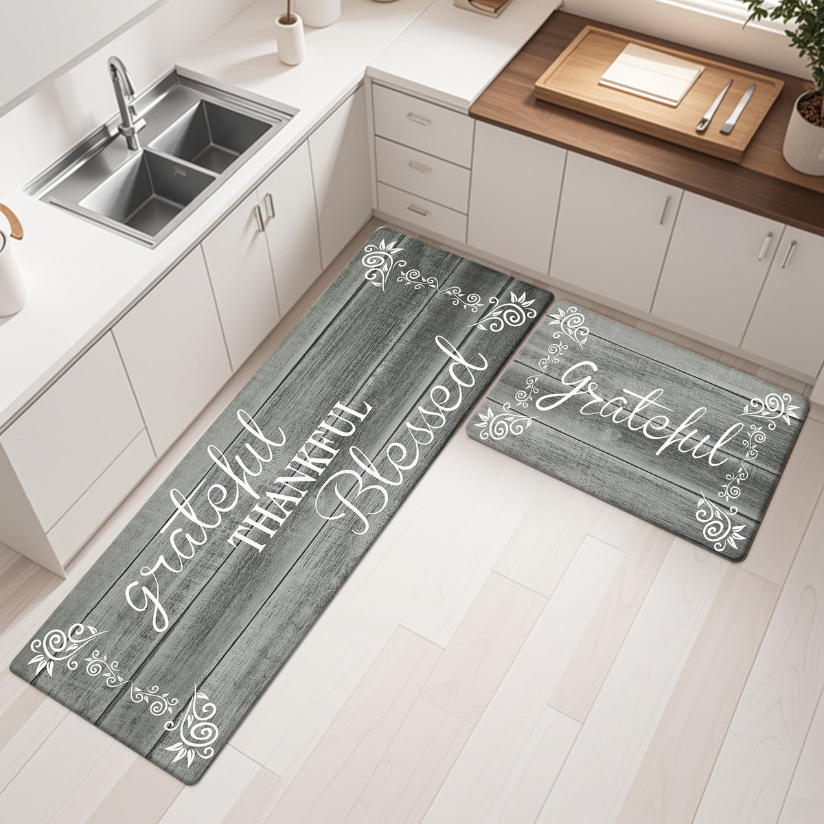 MeyJey Farmhouse Kitchen Rug Set of 2, Non-Slip Anti-Fatigue Waterproof Cushioned Mat for Kitchen, Dining & Laundry Room, 18"x30"+18"x48" Teal/Brown