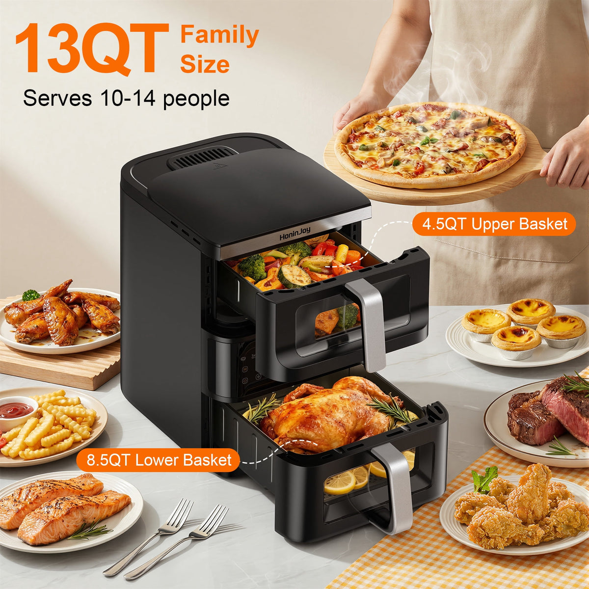 HoninJoy 13 QT Stack Double Basket Air Fryer, Space Saving Design, 10-in1 Air Fryer, Roast, Bake & More, Easy to Clean, Dishwasher Safe Parts
