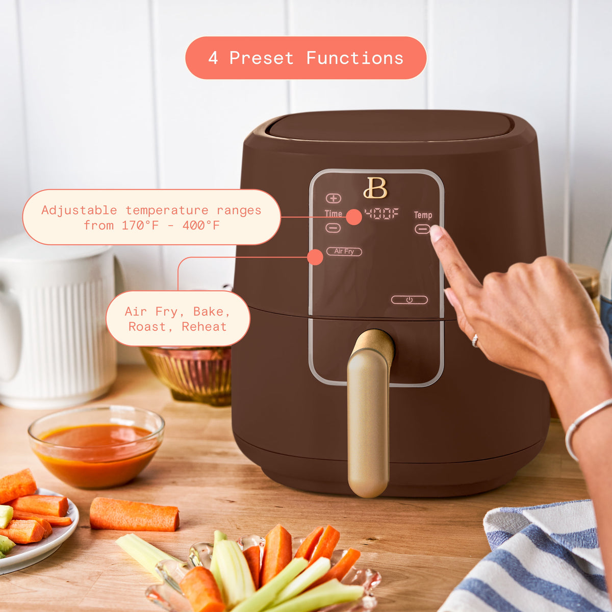 Beautiful 3 Qt Air Fryer with TurboCrisp Technology, EverGood Non-Toxic Ceramic Nonstick Coating, Chocolate by Drew Barrymore