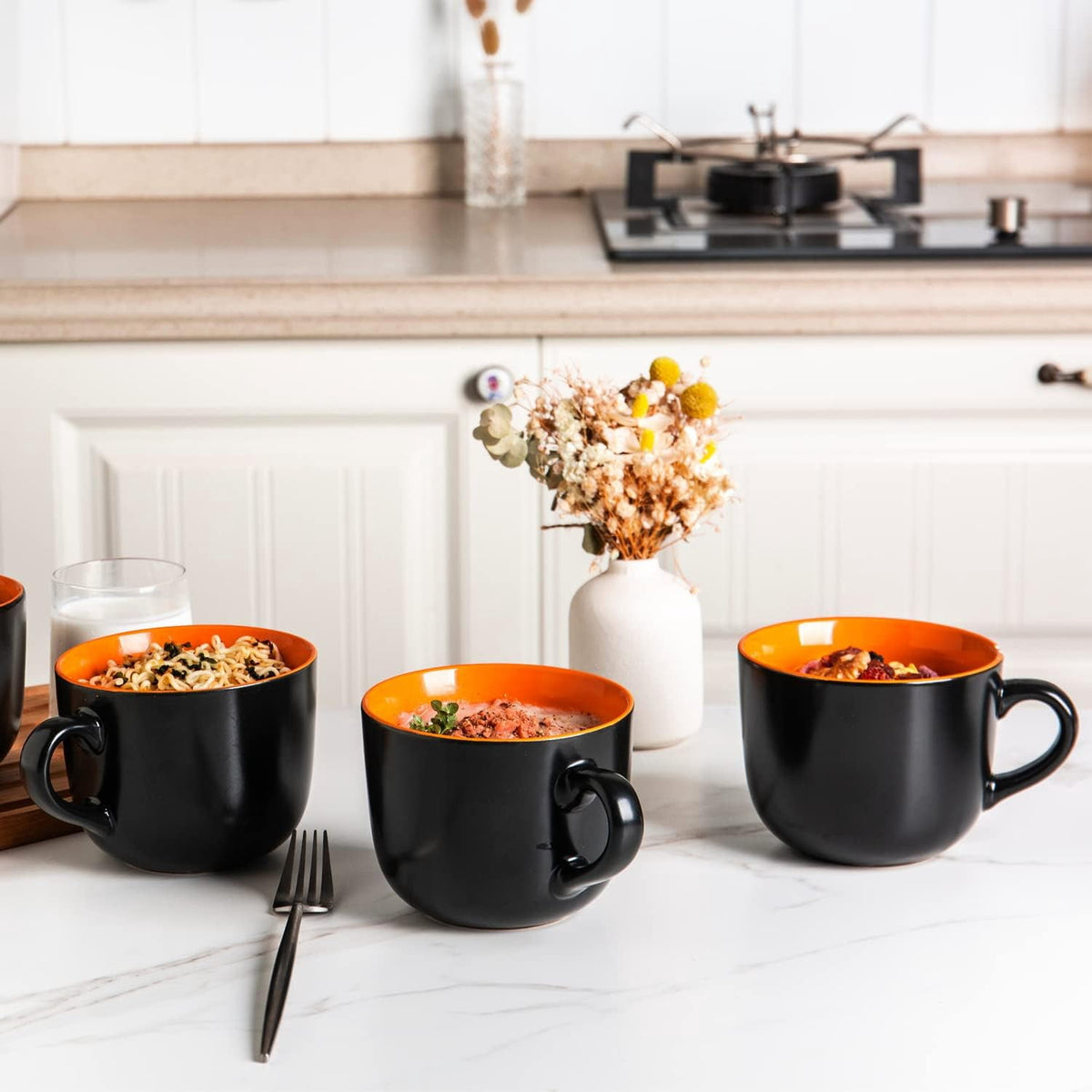 AmorArc Ceramic Soup Mugs with Lid, 24 oz Soup Cups with Hanlde for Coffee,Cereal,Salad,Noodles,Tea,Soup Bowls Cups,Microwave &Dishwasher Safe, Set of 4, Blue with Vented lid