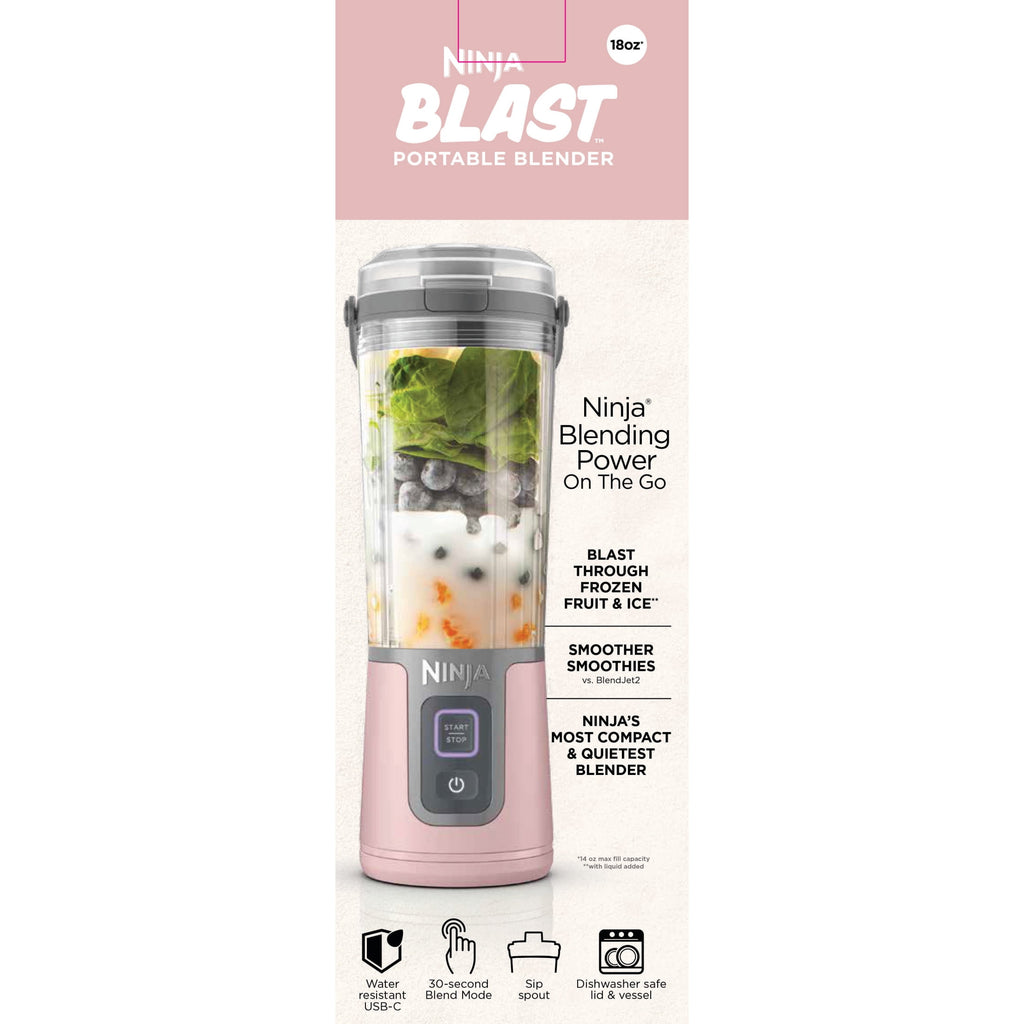 Ninja Blast Portable Personal 18 Oz Blender w/ Leak Proof Lid & Easy Sip Spout, Rechargeable Base, BC150PK Pink