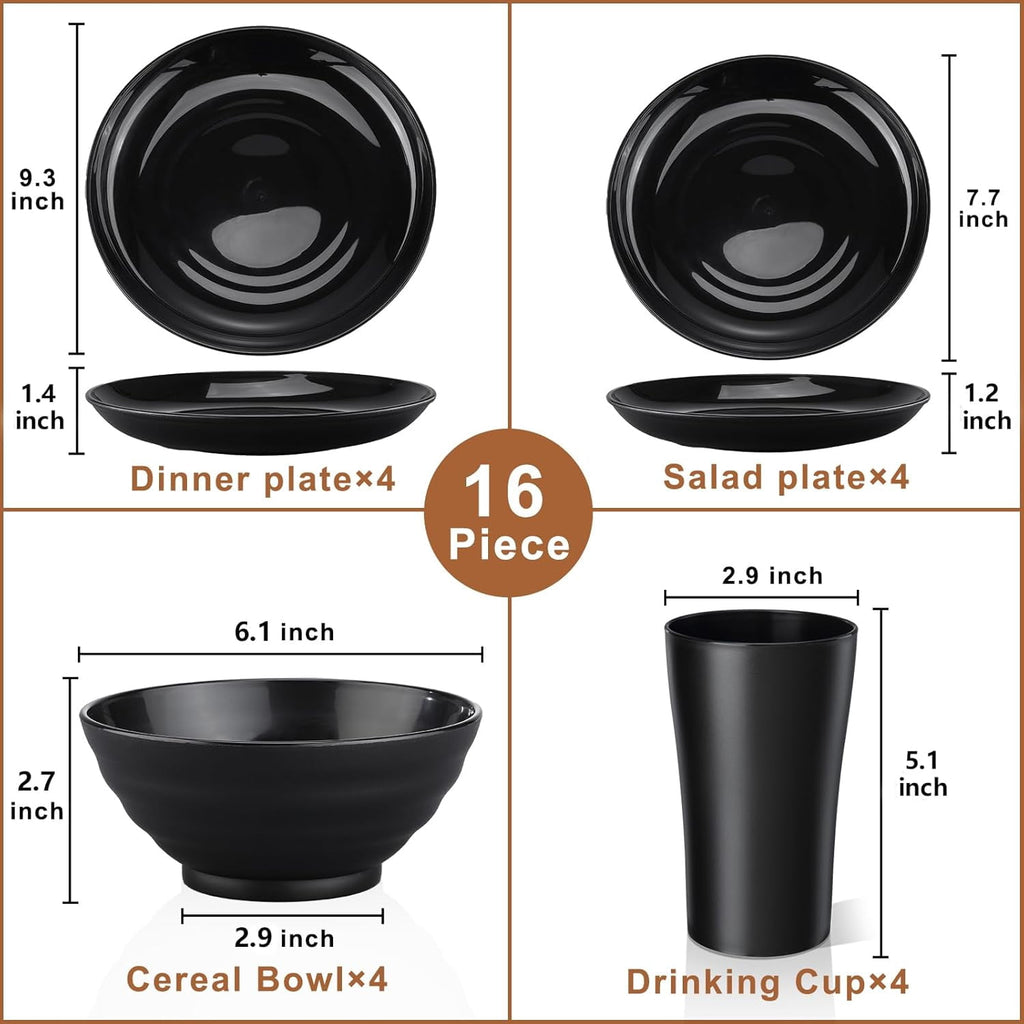 Bestdin Black Dinnerware Set for 4, 16 Pieces Plastic BPA-Free Dinner Plates, Salad Plates, Cereal Bowls, Cups, Unbreakable Plates and Bowls Sets for Kitchen, Microwave and Dishwasher Safe