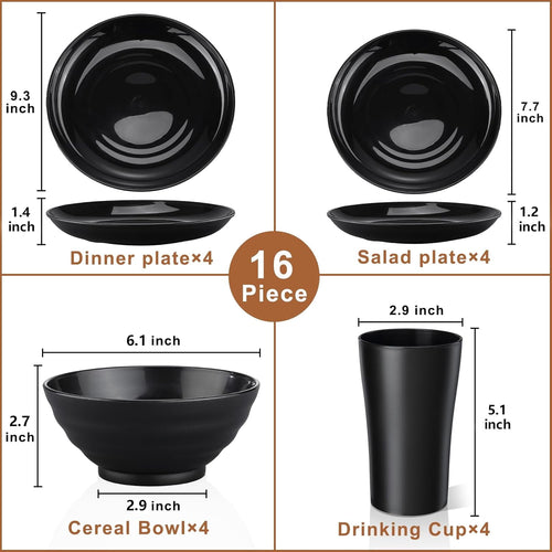 Bestdin Black Dinnerware Set for 4, 16 Pieces Plastic BPA-Free Dinner Plates, Salad Plates, Cereal Bowls, Cups, Unbreakable Plates and Bowls Sets for Kitchen, Microwave and Dishwasher Safe