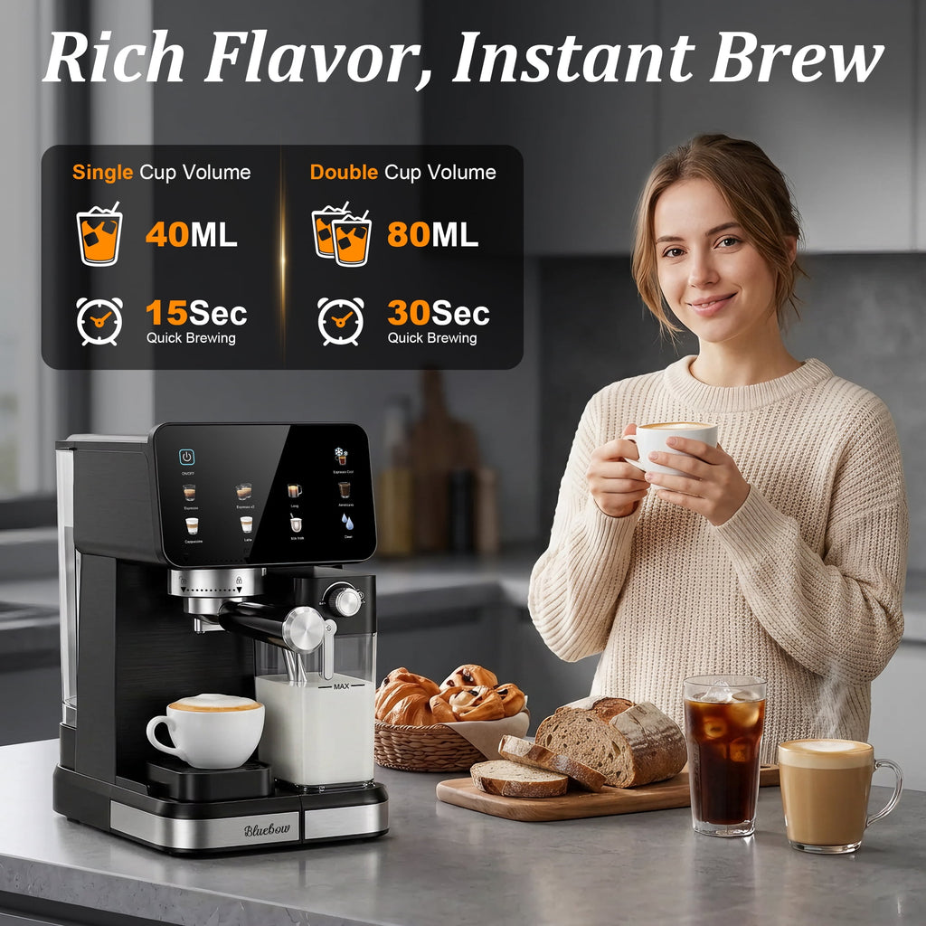 Espresso Machine with Built-In Milk Frother, 20-Bar Color Touchscreen Automatic Coffee Maker for Cold Brew Americano Cappuccino Latte, Perfect for Home Office Use, Black