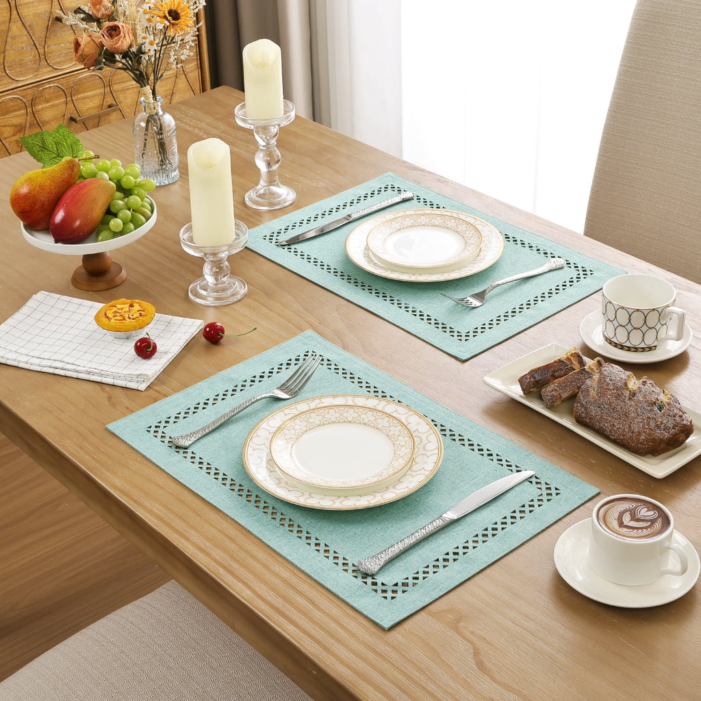 Placemats Set of 4, Yamaziot Double Layer Cloth Fabric Heat Resistant Place Mat, Washable Reversible Rectangle Dining Table Mats, Hollow Khaki, 12"x18"