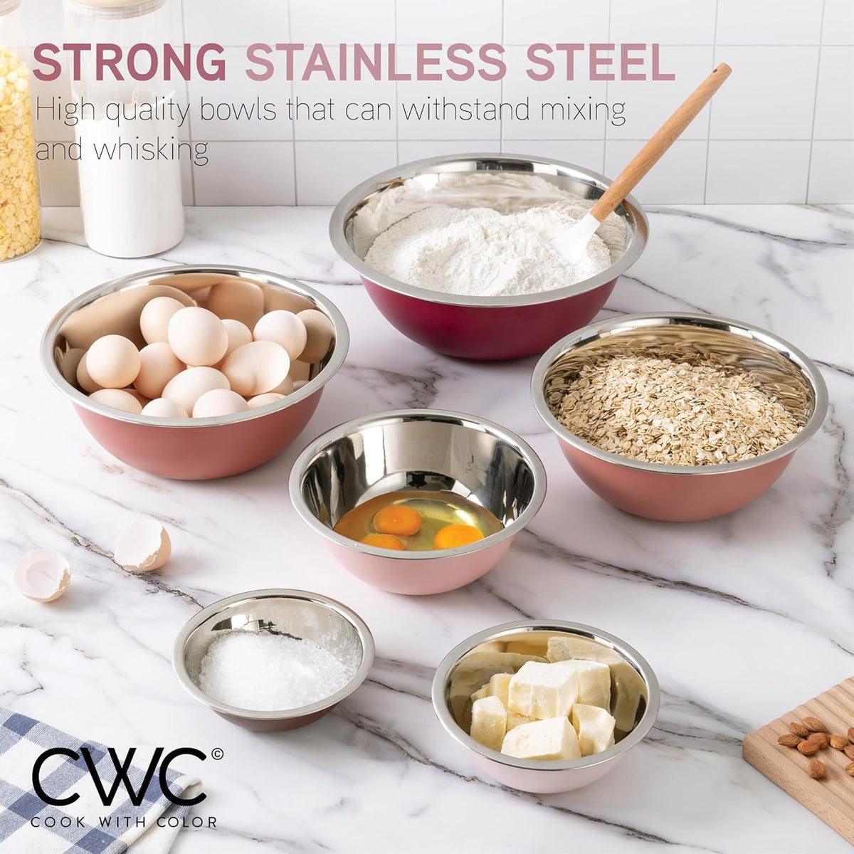 COOK WITH COLOR Mixing Bowls Set of 6, Stainless Steel Mixing Bowls, Metal Nesting Bowls for Kitchen, Sage Green