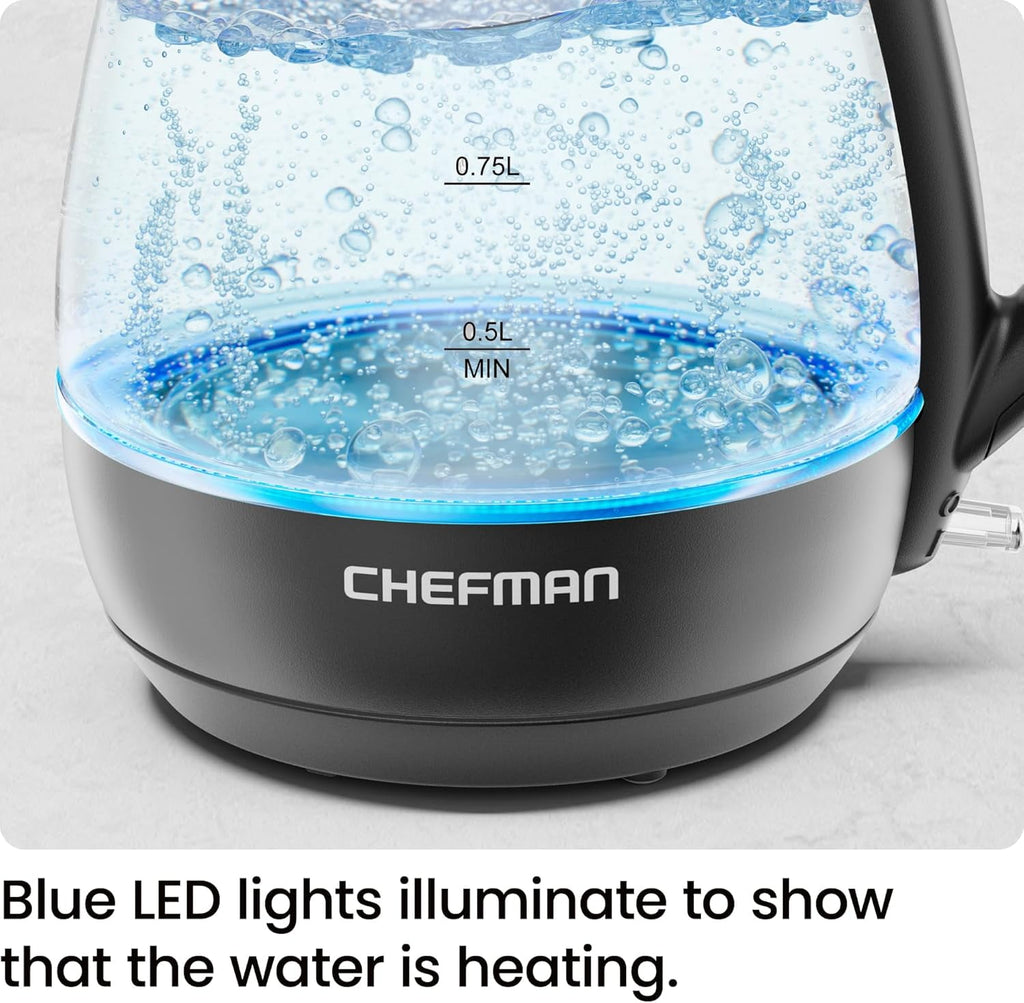 Chefman 1L Electric Glass Kettle w/ LED Indicator Light, Automatic Shutoff - Black