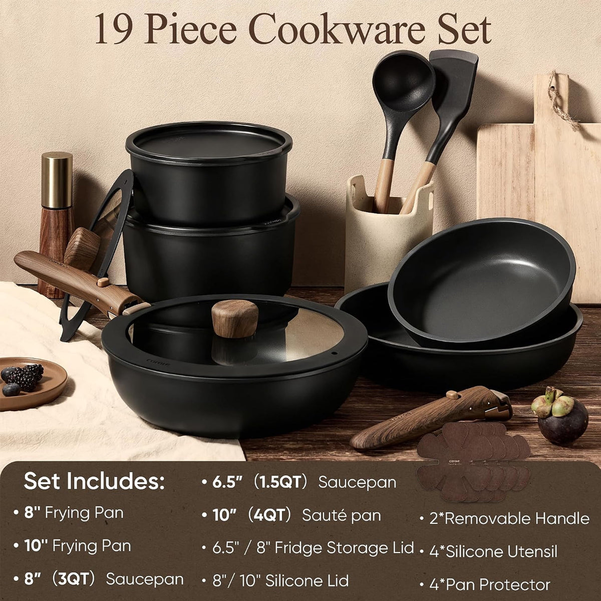Carote 24-Piece Nonstick Cookware Set, Pots and Pans Set with Detachable Handle, Induction Compatible, Oven & Dishwasher Safe, Black