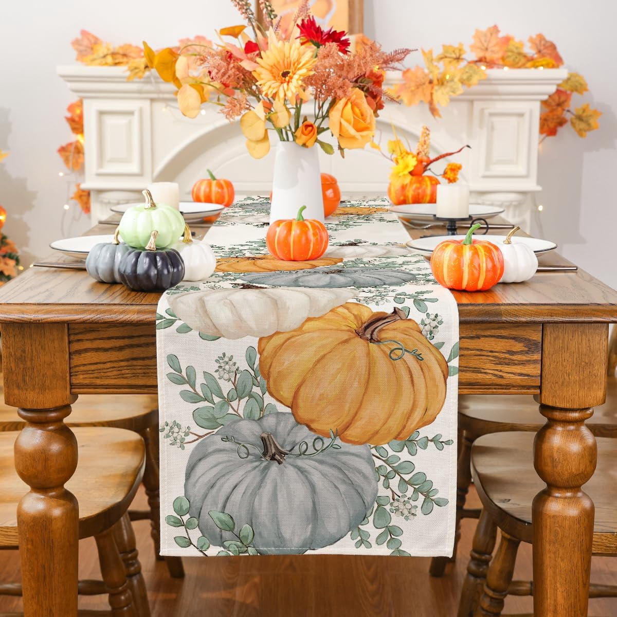 YIBAGA Fall Table Runner, Pumpkins Holiday Home Party Dining Decoration, 13x72 inch, Polyester