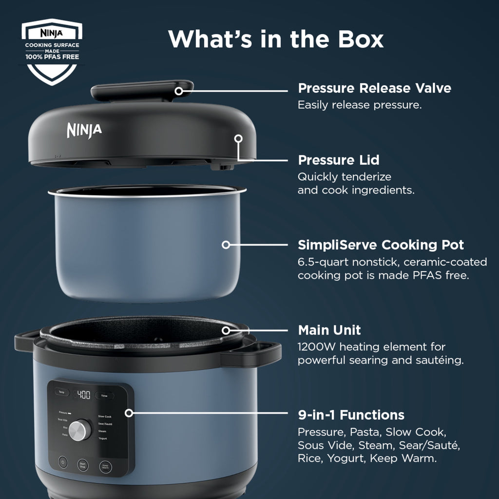 Ninja HyperHeat 8-in-1 Electric Pressure Cooker with SimpliServe Pot — 6.5 Qt, Cooks Up to 2X Faster, 1200W, Feeds 8–10, Sage Leaf