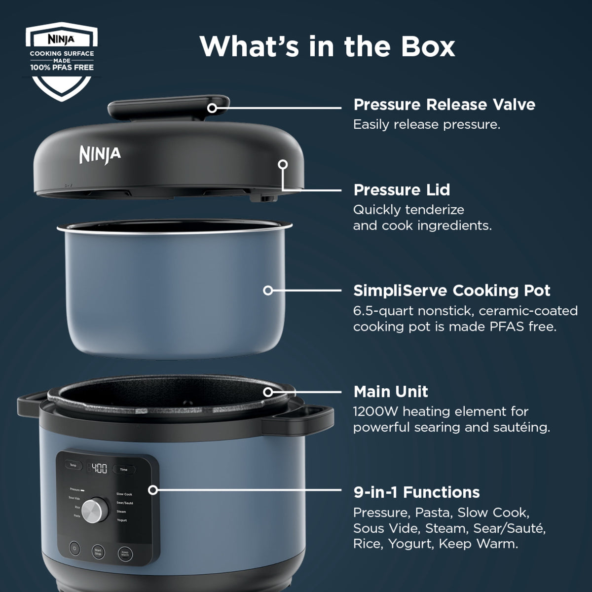 Ninja HyperHeat 8-in-1 Electric Pressure Cooker with SimpliServe Pot — 6.5 Qt, Cooks Up to 2X Faster, 1200W, Feeds 8–10, Sage Leaf