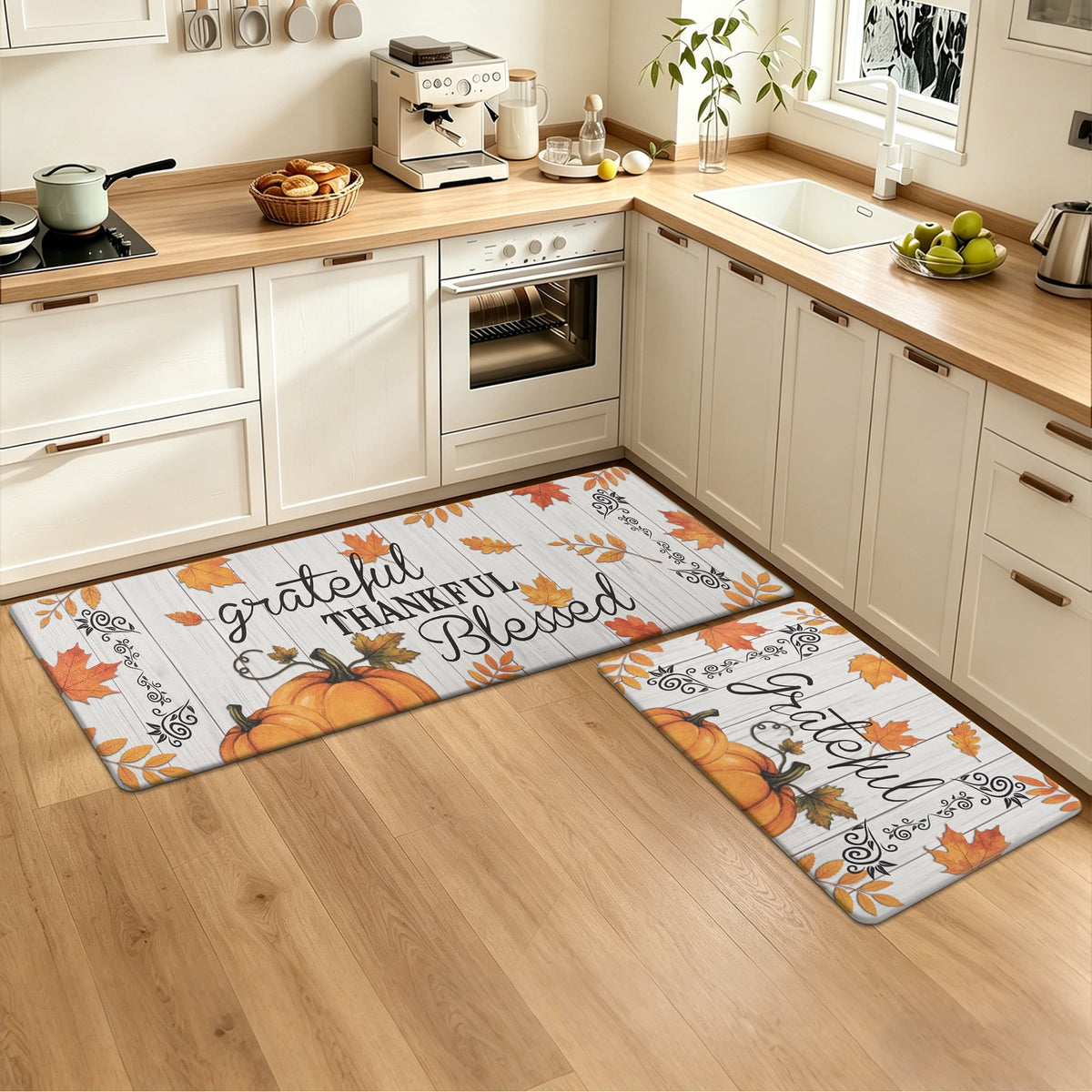 MeyJey Farmhouse Kitchen Rug Set of 2, Non-Slip Anti-Fatigue Waterproof Cushioned Mat for Kitchen, Dining & Laundry Room, 18"x30"+18"x48" Teal/Brown