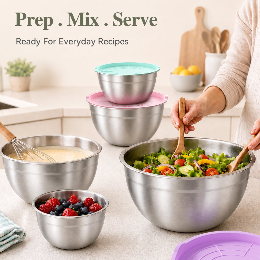 TINANA Stainless Steel Mixing Bowls with Lids, 5 Pack Nesting Kitchen Bowls, Multi Color Lids, Metal Food Storage Bowls, 0.75-4.5 Qt