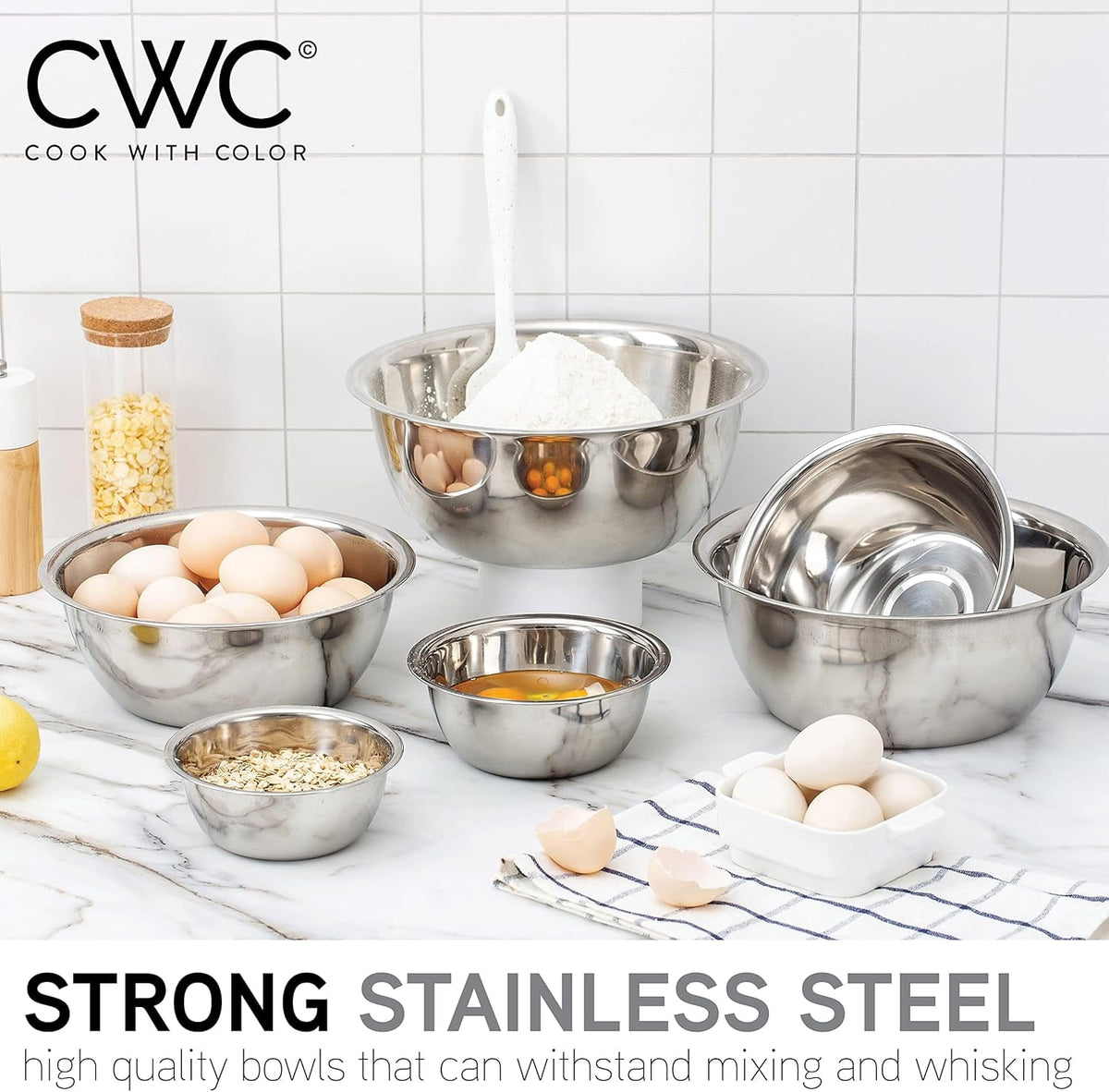 COOK WITH COLOR Mixing Bowls Set of 6, Stainless Steel Mixing Bowls, Metal Nesting Bowls for Kitchen, Sage Green