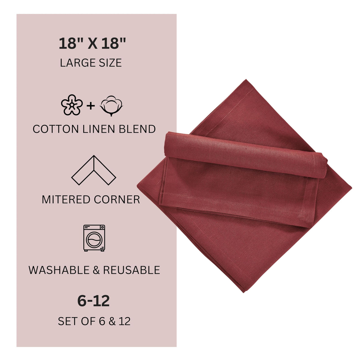 Fingercraft Cloth Napkin, Solid Color Cotton Linen Blend Table Napkins, Soft and Absorbent Fabric, Set of 12, Blush Pink