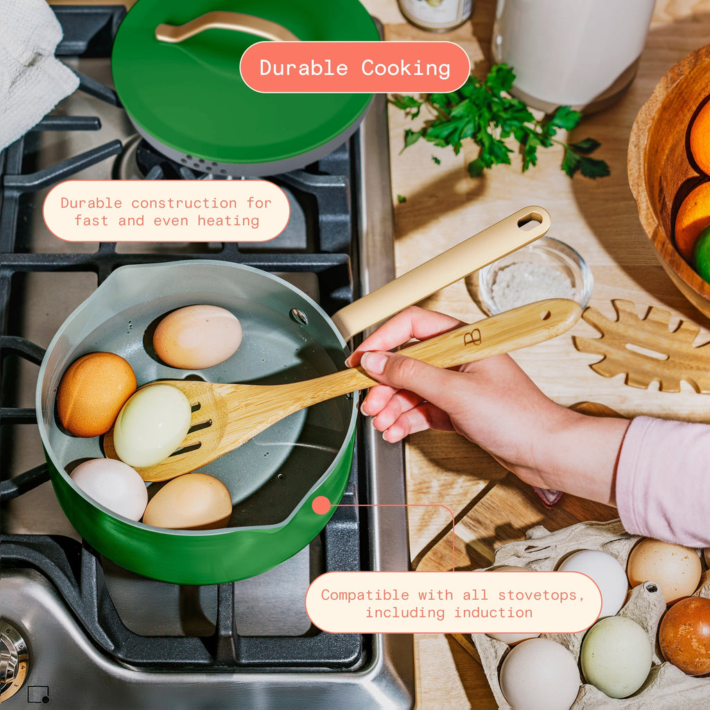 Beautiful 12-Piece Cookware Set, Pots and Pans with Strainer Lids and EverGood Ceramic Nonstick Coating, White Icing by Drew Barrymore