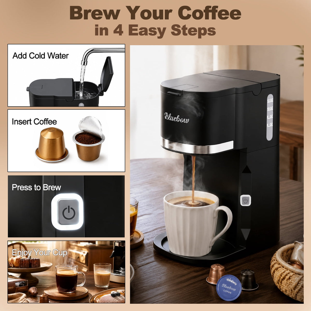 Bluebow Single Serve Coffee Maker, 6-12oz Brew Size for K Cup Pod & Ground Coffee& Tea, Fast Brew One Cup Small Coffee Machine for Home and Travel, Black