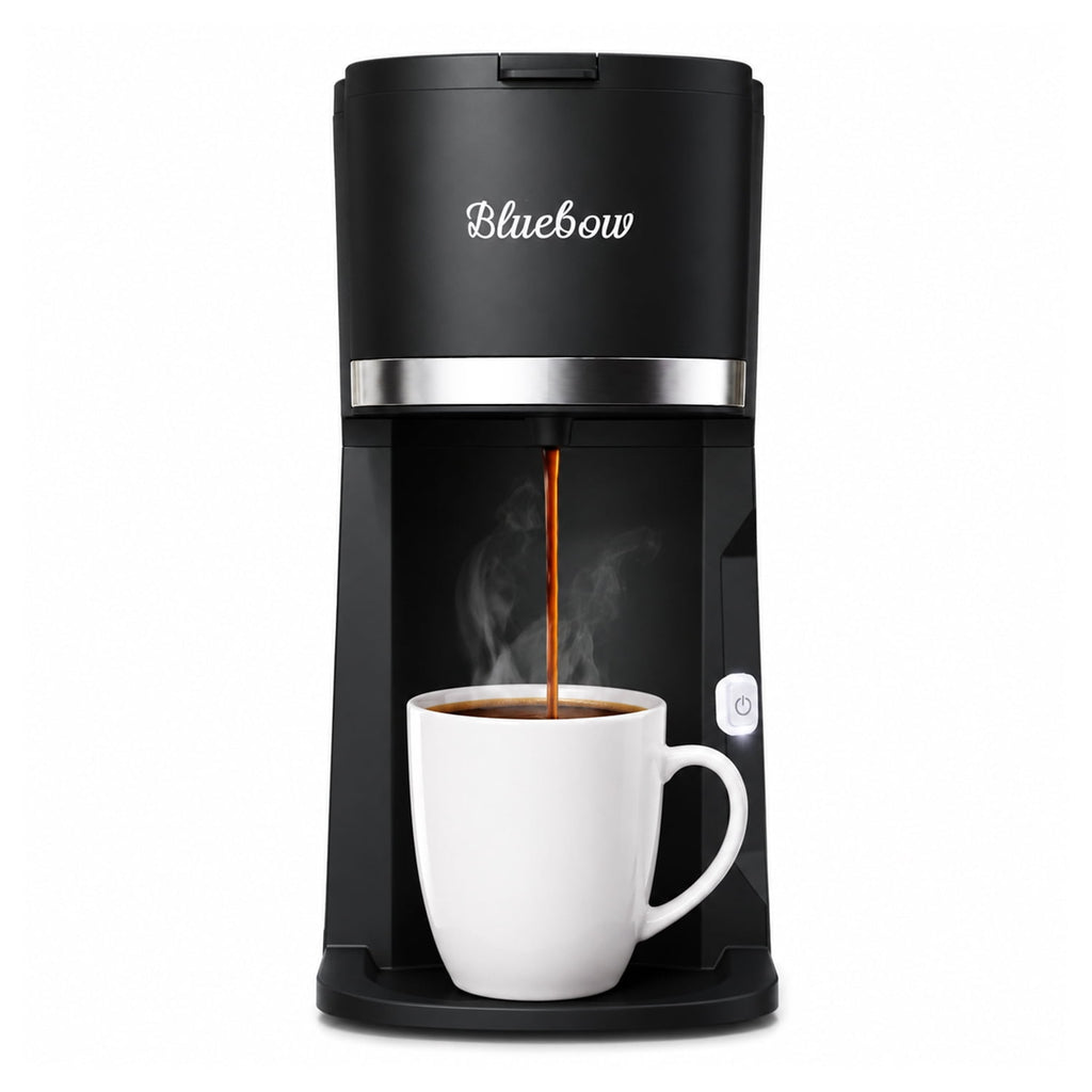 Bluebow Single Serve Coffee Maker, 6-12oz Brew Size for K Cup Pod & Ground Coffee& Tea, Fast Brew One Cup Small Coffee Machine for Home and Travel, Black