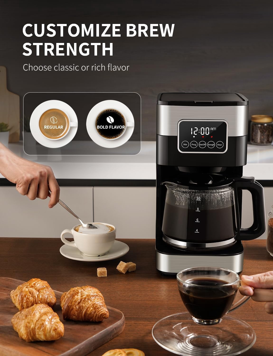 8-Cup Programmable Coffee Maker with Thermal Carafe, Touch Screen Timer, Auto Shut off & Pause-Serve Feature, Strong Brew Option, Stainless Steel & Black