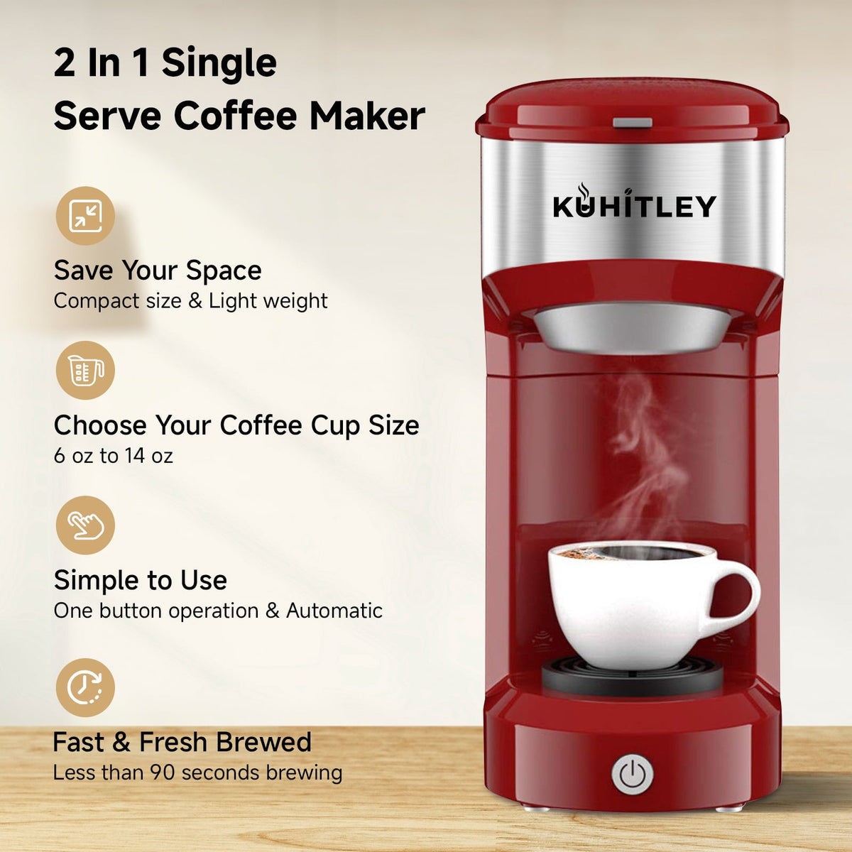 MINI Single Serve Coffee Maker,Instant Coffee Maker One Cup for K Cup & Ground Coffee,Portable Capsule Coffee Machine with 6 to 14oz Reservoir,90 Seconds Fast Brewing and One Button Operation