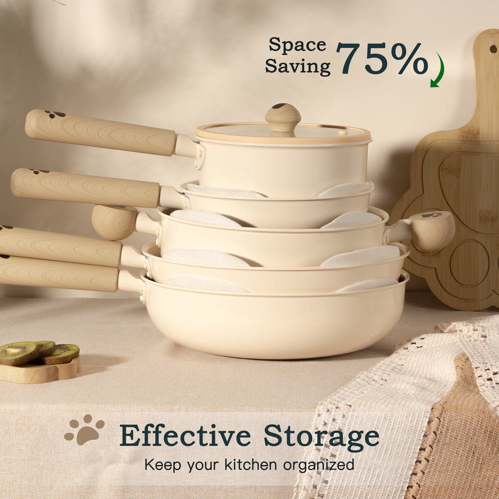 Astercook 22 Piece Pots and Pans Set Non Stick, Cookware Set with Detachable Handles, Oven Safe, Induction Ready, Stackable RV Kitchen Cooking Set, Cream White