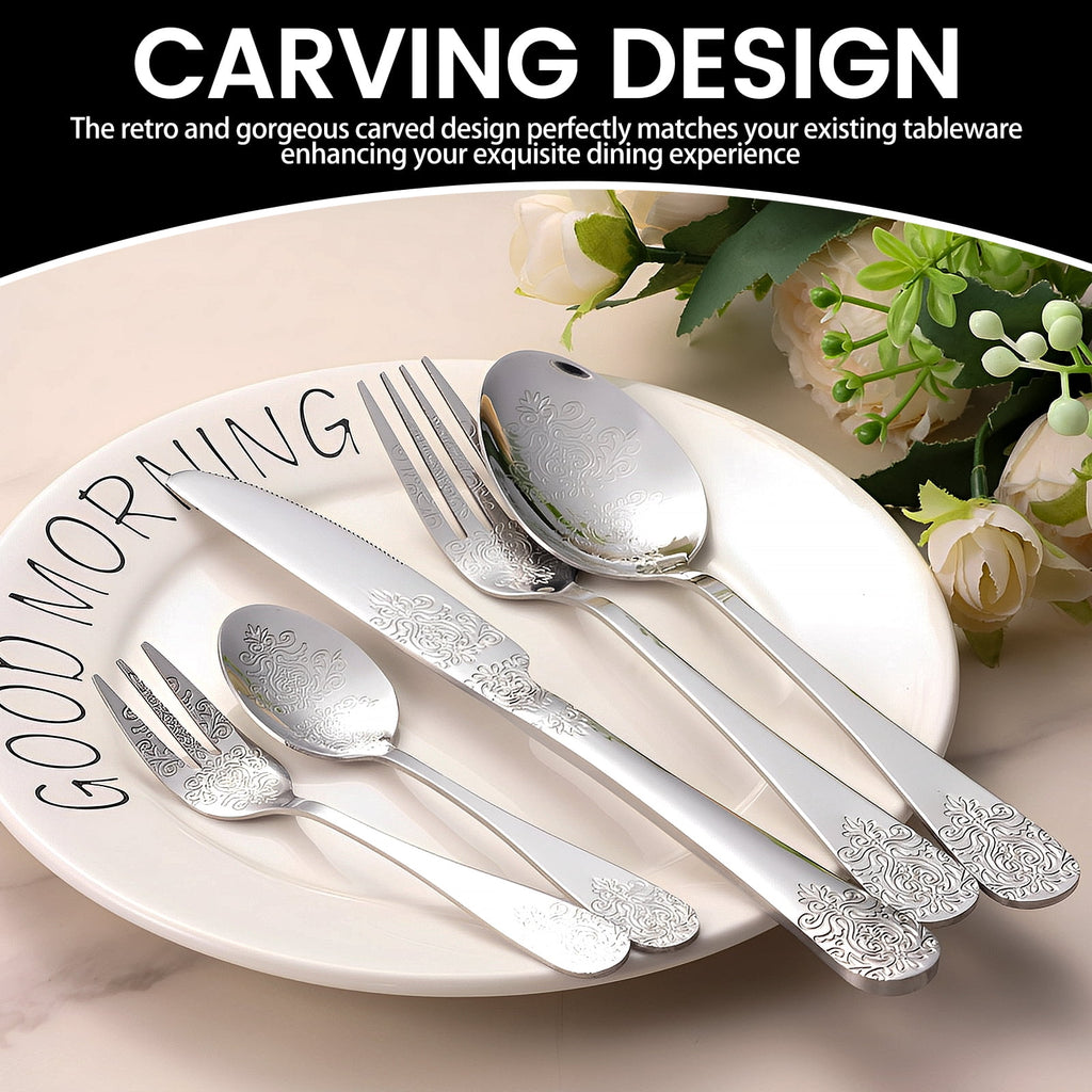 20 Pcs Floral Silverware Set Including Fork Spoon and Knife Stainless Steel Flatware Set Vintage Cutlery Set Mirror Polished Utensil Set for Kitchen Dishwasher Safe Service for 4