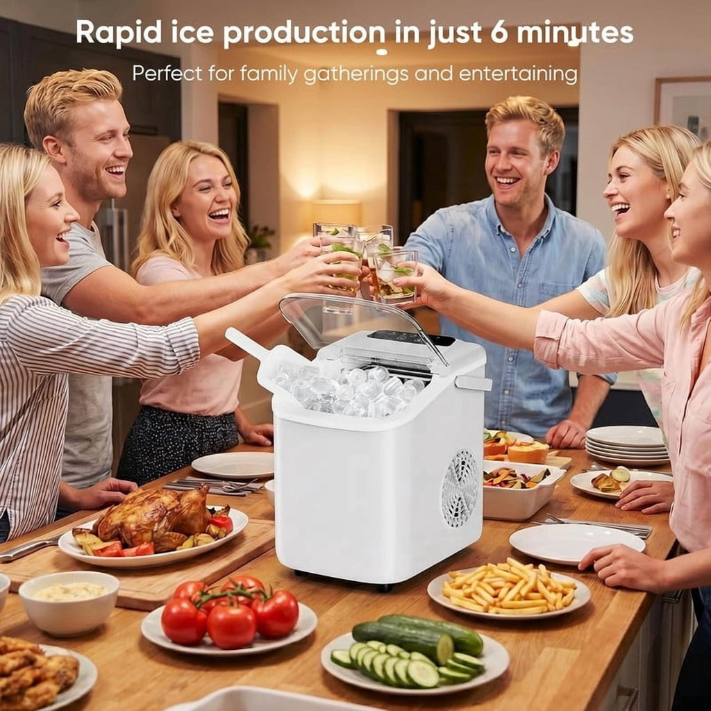 Simenmax Ice Maker Countertop – 26lbs Desktop ice maker with Handle for Home, Kitchen, Office, Outdoors, RV, Camping, White