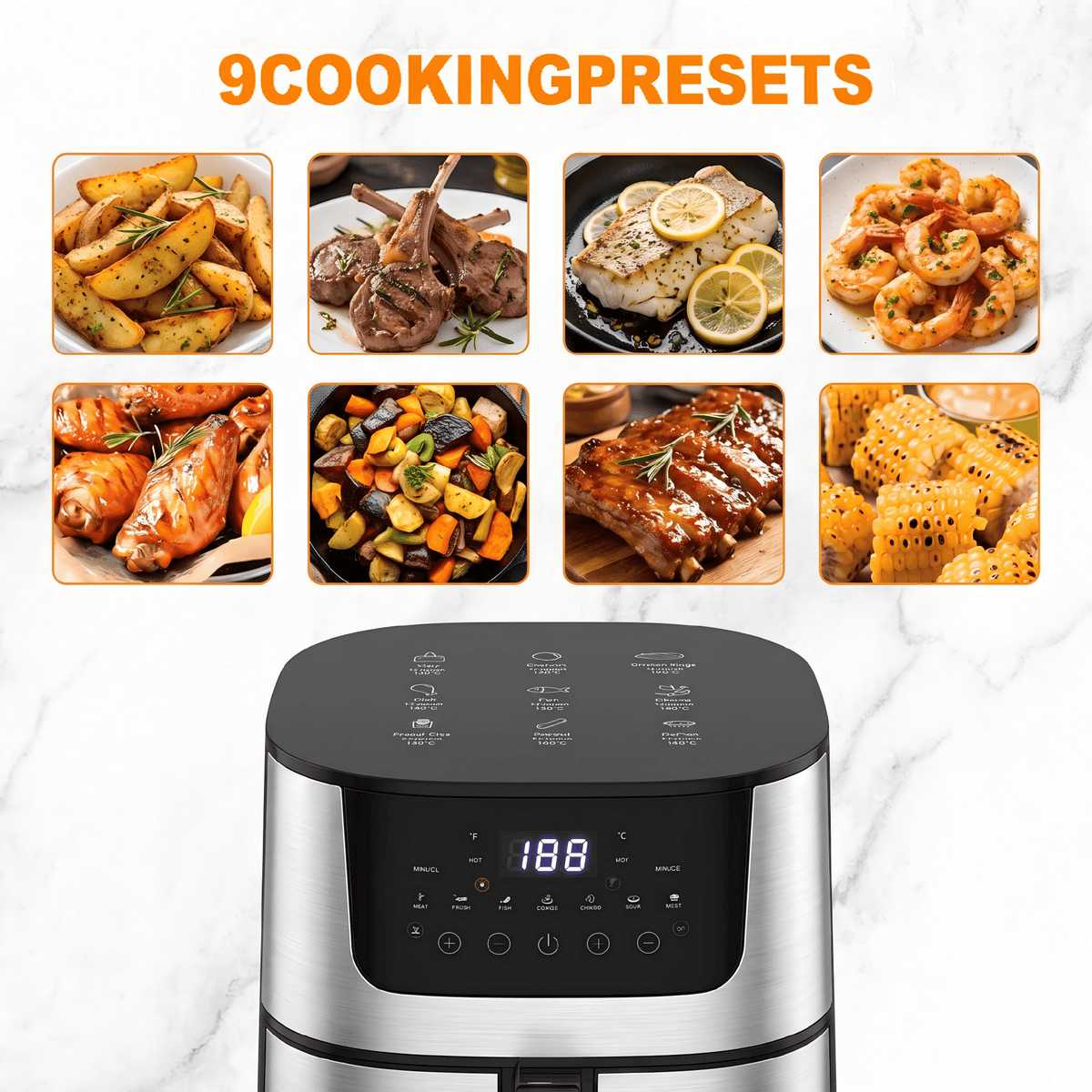 Yilush 7.5 Qt. Air Fryer 9 Functions w/ Touch Controls, HI-FRY Button, Stainless Steel（Black）