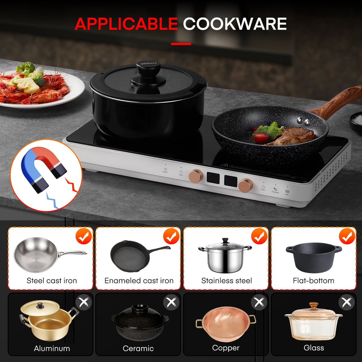 Induction Cooktop 2 Burners, 1800W Countertop Burners with Removable Cast Iron Griddle Pan Non-Stick, 8 Power Levels Control