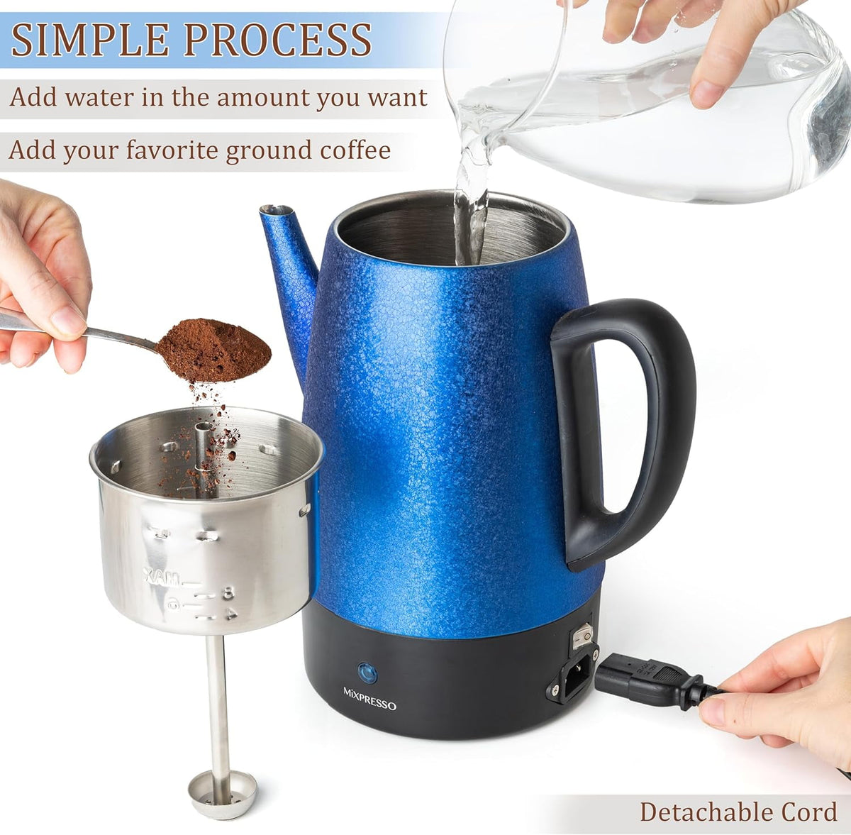 Mixpresso Percolator Coffee Pot Electric 10 Cup, Stainless Steel Coffee Maker, Coffee Percolator Electric With Keep Warm Function, 10 Cups Stainless Steel Perculator With Basket (Shiny Blue)