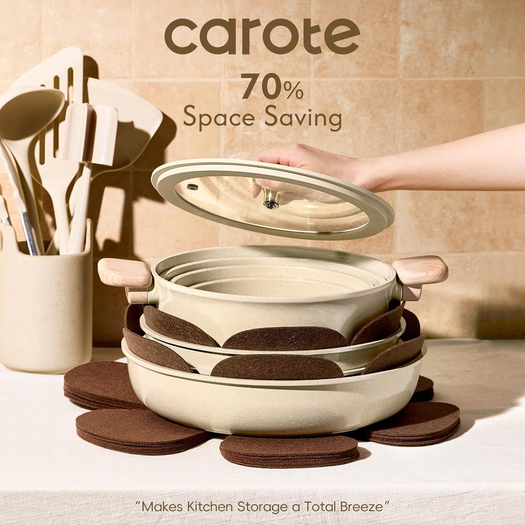 CAROTE 19-Piece Ceramic Pots and Pans Set, Nonstick Cookware Set with Lids, Induction Compatible, Oatmeal