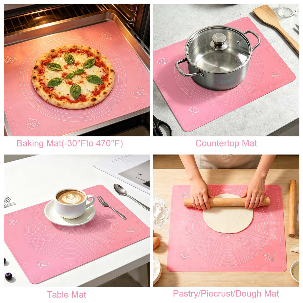 Large Pink Silicone Baking Mat, 25"x18" Non-Stick Pastry Mat with Measurements for Dough, Bread, Baking, Fondant