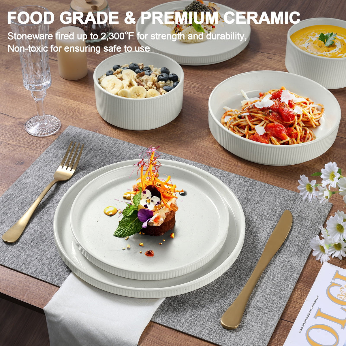 Vesteel 12 Pieces Dinnerware Set for 4, Premium Stoneware Ribbed Dishes, Chip & Scratch Resistant Plates and Bowls Set for Home Restaurant, Microwave and Dishwasher Safe - Speckled White