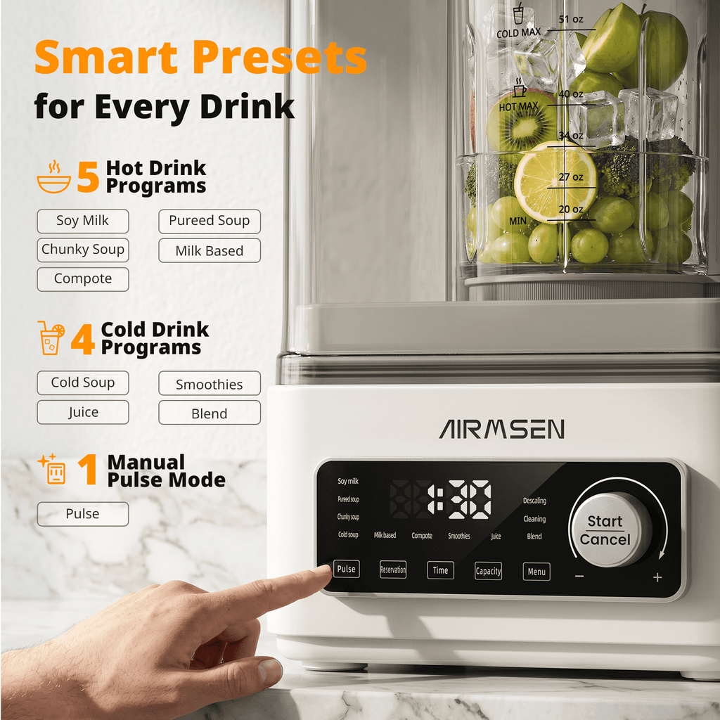 AIRMSEN 9-in-1 Blender for Kitchen, Professional Hot & Cold Blender for Smoothies, Soup, Soy Milk & Nut Milk, 51 oz Glass Jar, Independent Water Tank