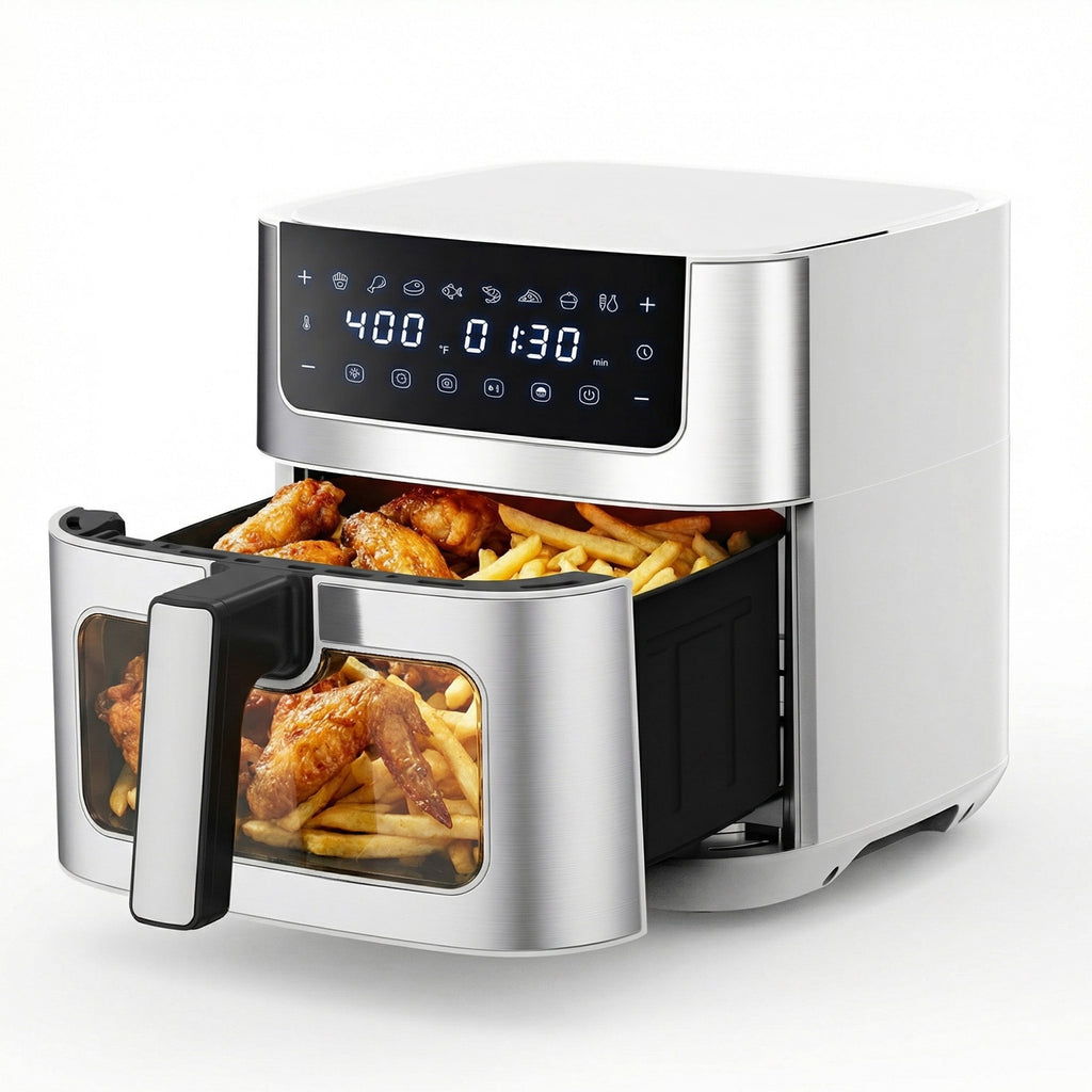 EDX 6QT Stainless Steel Air Fryer with Digital Touchscreen, 1500W, 8 Presets, Dishwasher Safe Basket, 90 Min Timer, 24H Delay Start, Gray